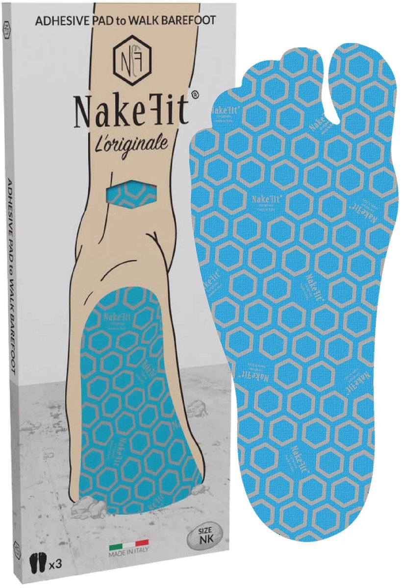 NakeFit L’ORIGINALE Hypoallergene Zelfklevende Voetzolen Lichtblauw/ 3 Paar Herenmaat 45-47 NK10 Barefoot Looppads voor Strand Zwembad en Buitenactiviteiten