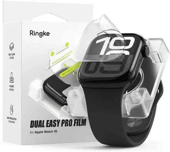 Een zwarte Apple Watch met Ringke Dual Easy Pro film wordt geïnstalleerd, naast de verpakking.