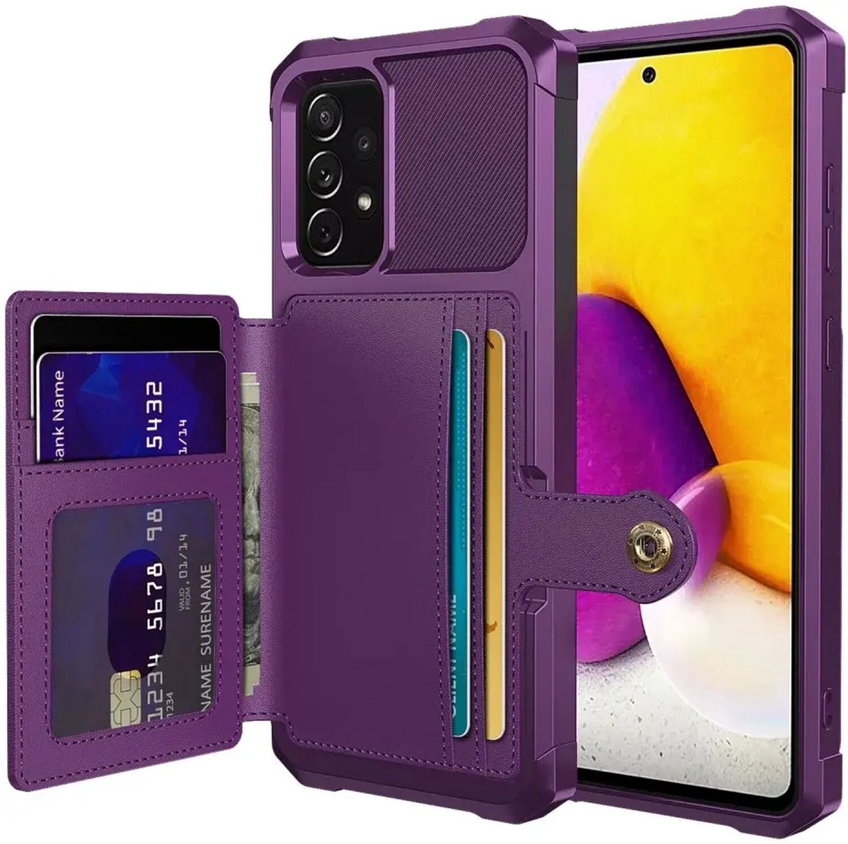 Portemonnee Hoesje Geschikt voor de Samsung Galaxy A52 / A52S - Back Cover met Pasjeshouder - Telefoonhoesje voor Pinpas - Kaarthouder op Achterkant - Case met Magneet voor Auto Houder Paars