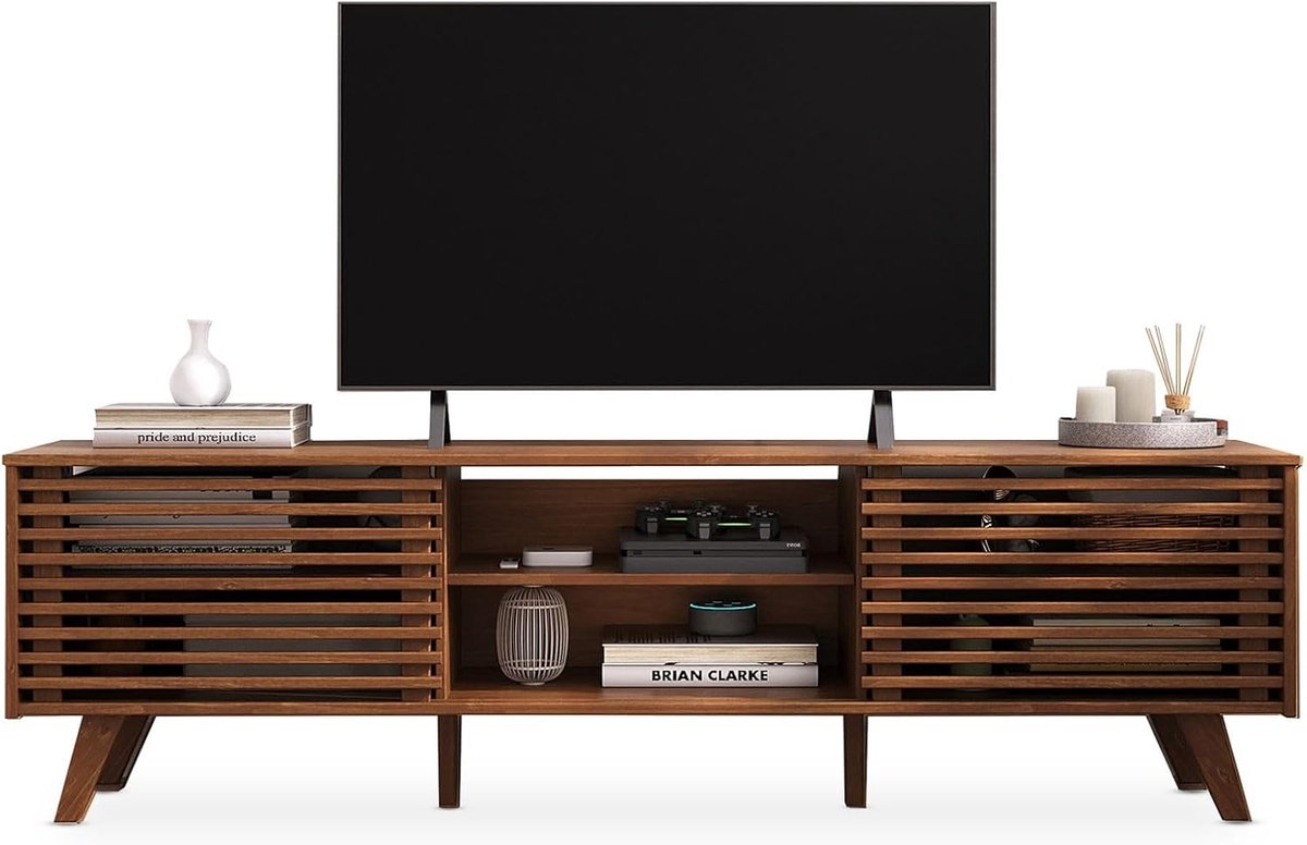 TV Meubel 175 x 50 x 38 cm – Massief Grenenhout Lowboard met Schuifdeuren en Verstelbare Planken – Kastanjebruin TV Kast voor 75 Inch – Modern Mid Century TV Dressoir – Mobili Bella