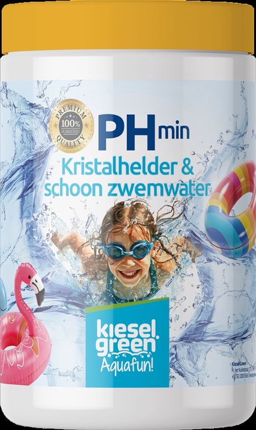 Pot Kieselgreen Aqua fun! met 'PHmin Kristalhelder & schoon zwemwater', een foto van een lachend kind in zwembadwater, met een opblaasbare flamingo en ring.