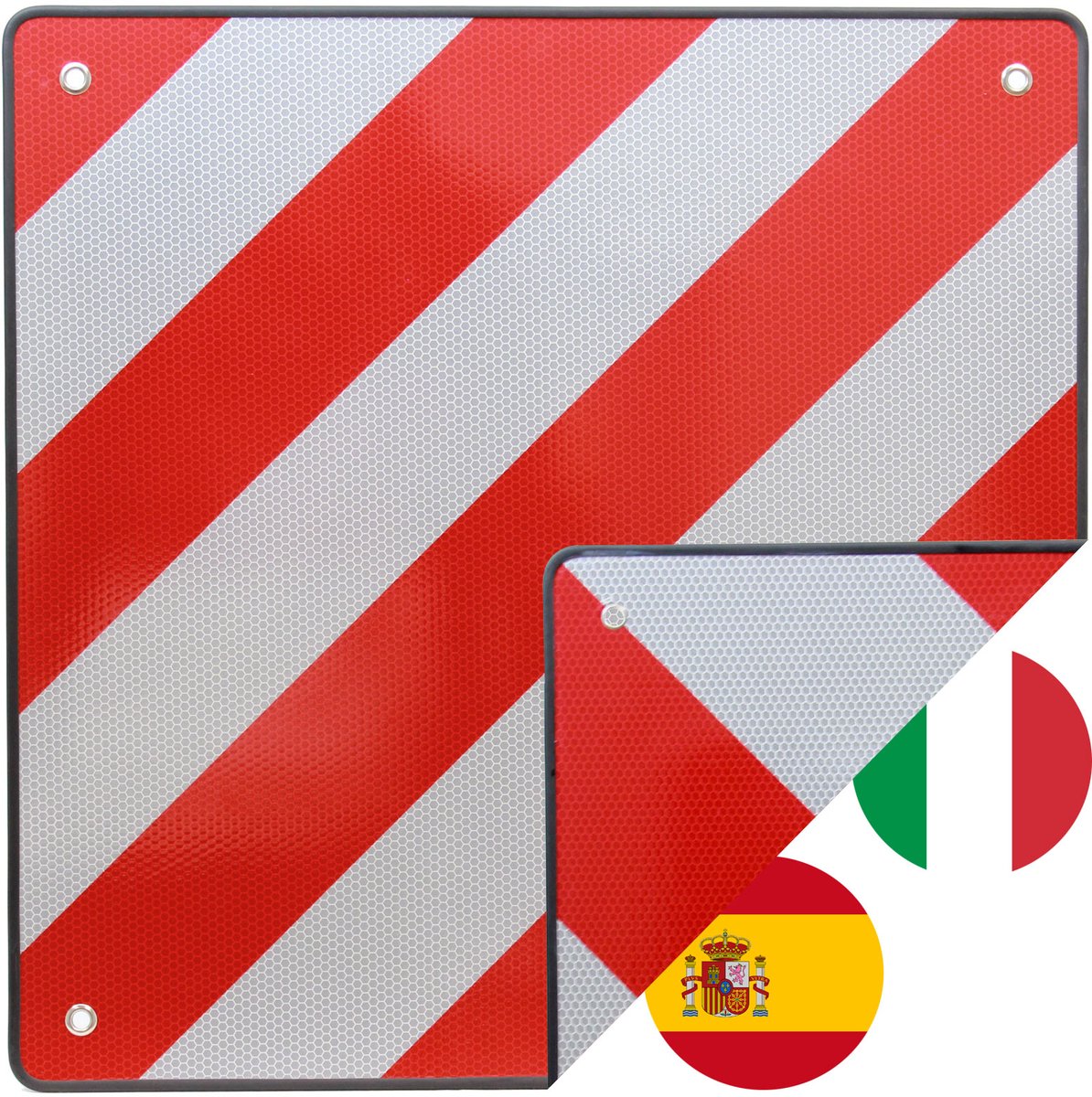 TRUTZHOLM Waarschuwingsbord Spanje Italië 2-in-1 - 50x50cm Aluminium Reflecterend - Caravan Fietsendrager Last Markering