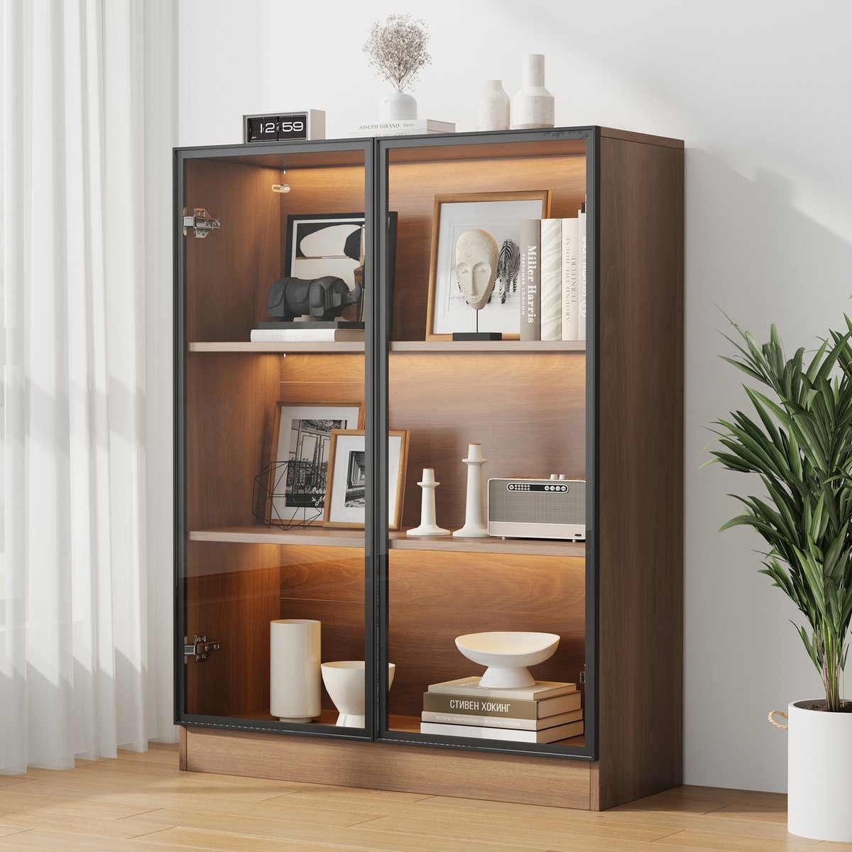 DESMIU Vitrinekast - Verlichte Glazen Opbergkast Met 3 Planken En Aluminium Deuren - Voor Woonkamer, Slaapkamer En Verzameling - Houtkleurig Glas - 80x30x106 Cm
