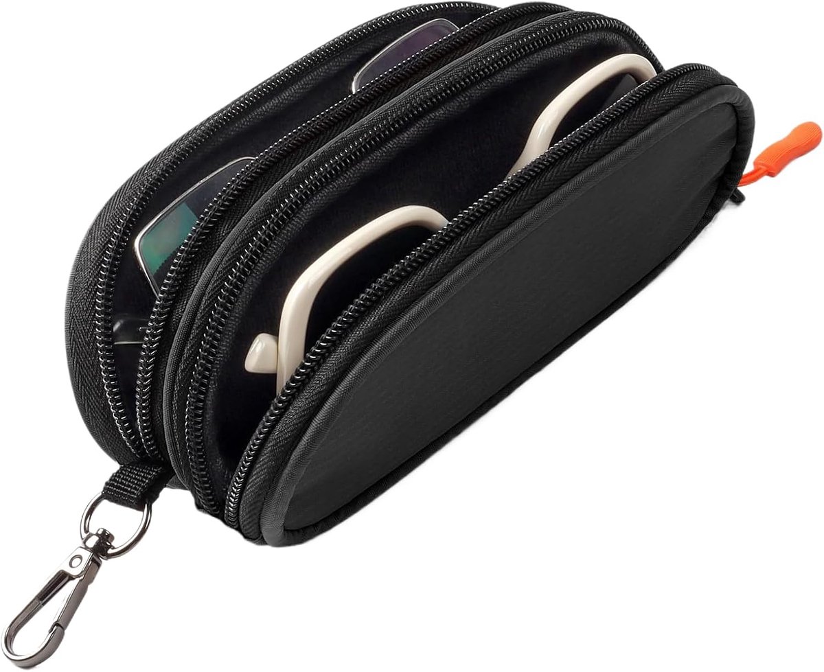 Zonnebrillenetui met sleutelhanger - Brillen organizer - Veilige opslag - Dubbele zachte zakken - 18.8 cm lang - Zwart