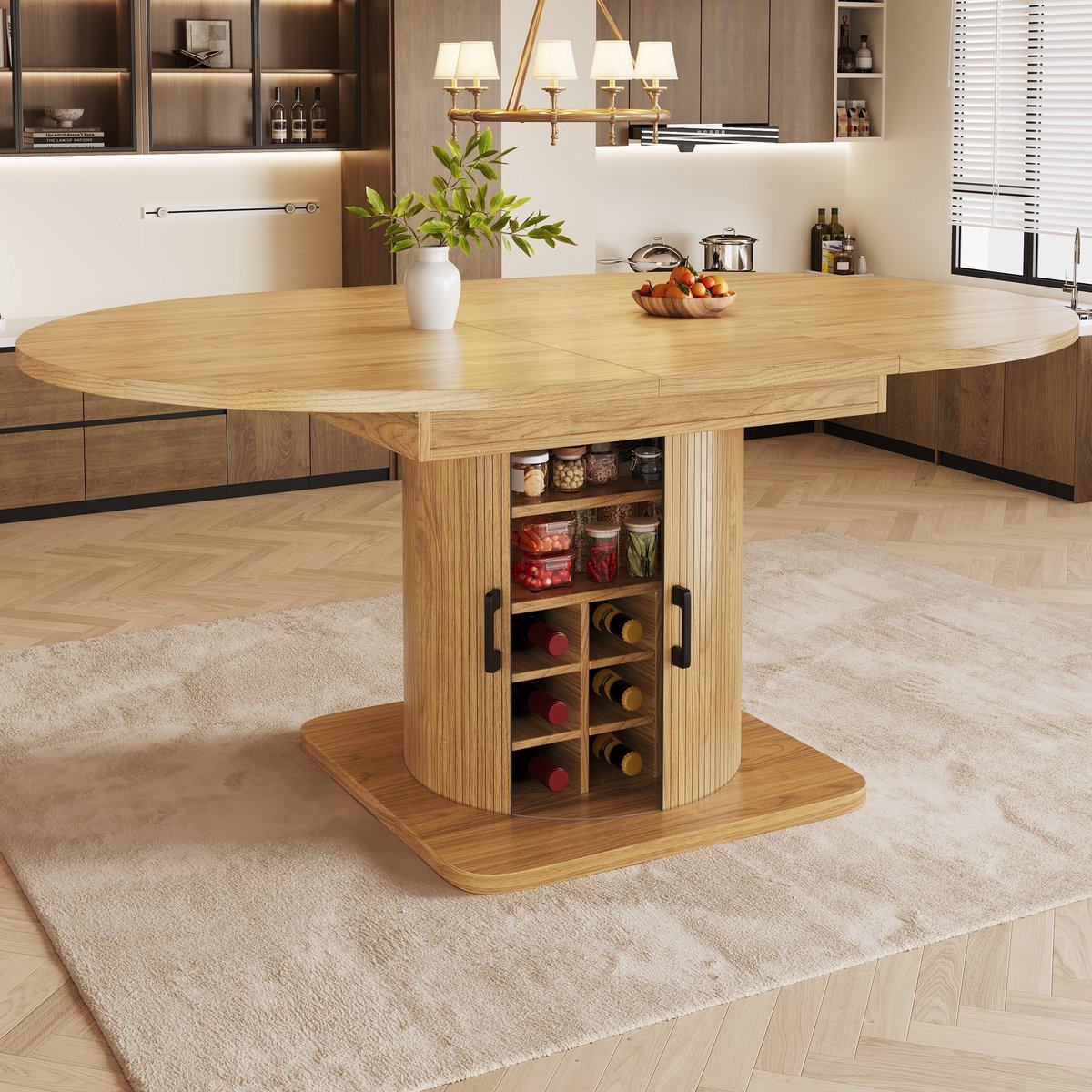 MIVRAY Uitschuifbare Eettafel - Met Verborgen Opbergruimte En Uitneembare Planken - Voor Keuken En Eetkamer - MDF Metaal Naturel En Lichtbruin