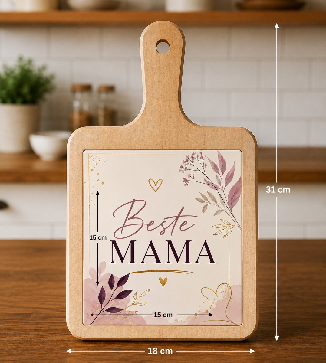 Kaasplank met Tegel – Beste Mama – Houten Serveerplank met Bloemenontwerp – 18 × 31 cm – Moederdag Cadeau