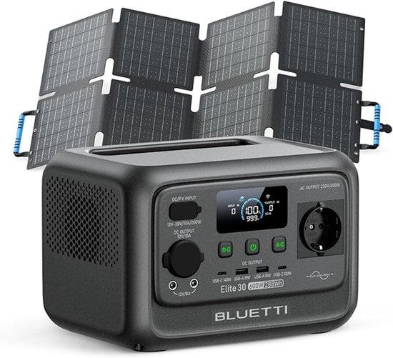 BLUETTI Elite 30 powerstation met 8 opvouwbare zonnepanelen. De panelen zijn uitgevouwen en hebben blauwe handvatten.