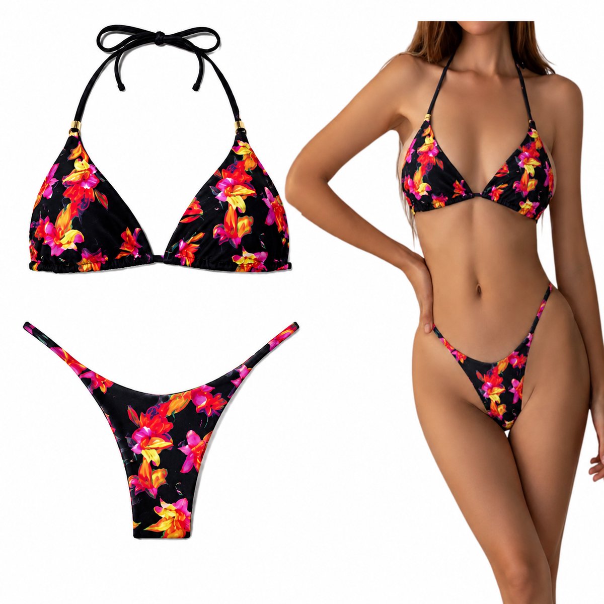Halter Bikini met Bloemenprint - Kleurvast Sneldrogend Badpak – Geschikt voor zwembad en strand - Zwart - L