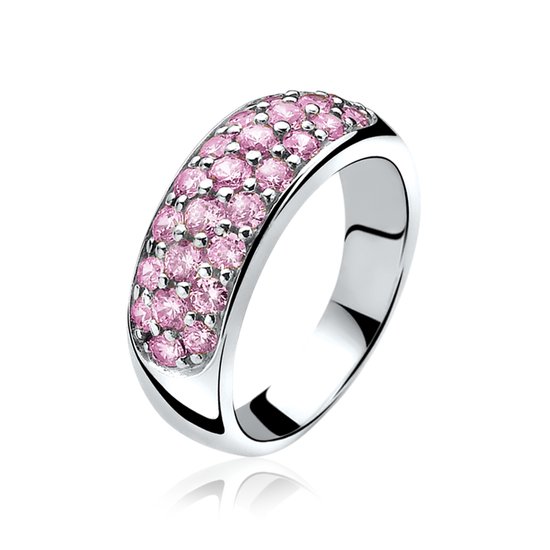 Bague en argent sertie d'une rangée de pierres roses.