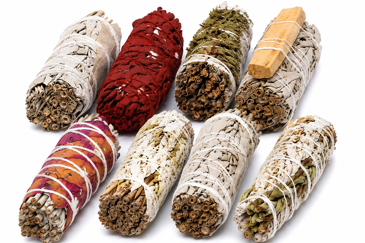 Smudgesticks - witte salie - dragonsblood - palo santo - eucalyptus - rozen - cedar - citroengras - yerba santa - set van 8 stuks
