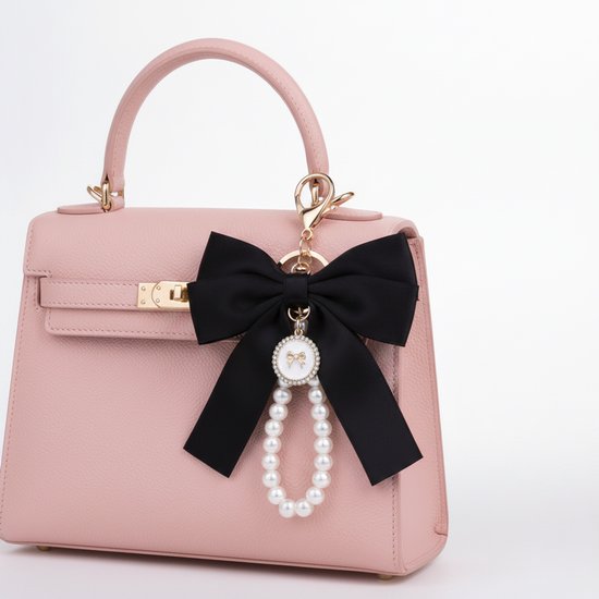 Roze handtas met zwarte strik sleutelhanger met parelarmband en gouden strik-bedel.
