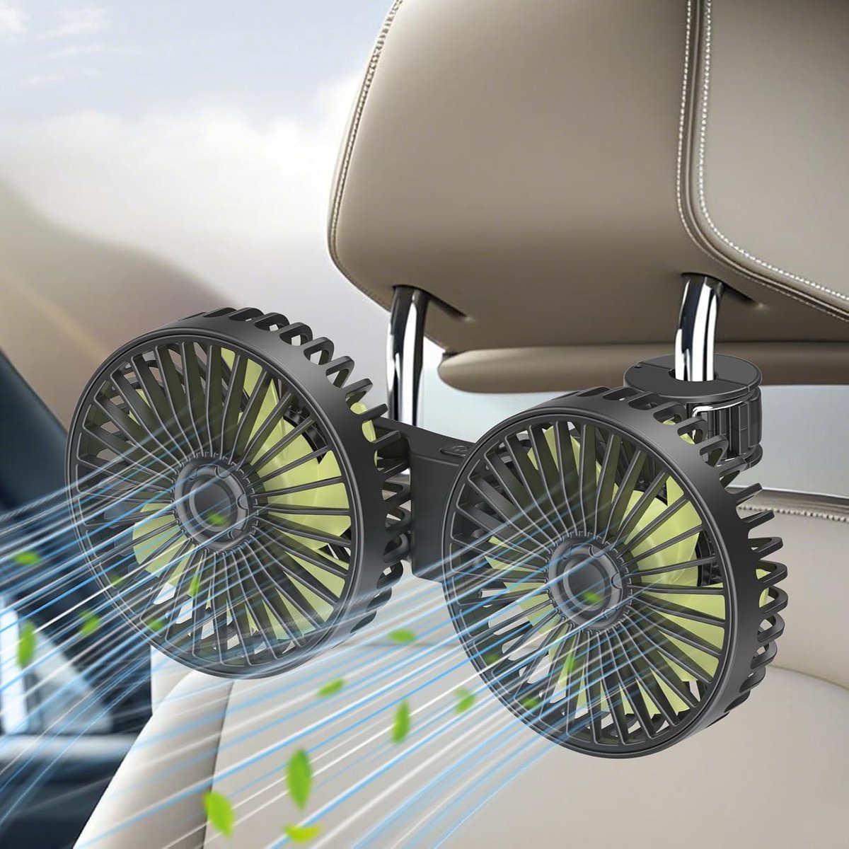 Auto Ventilator 12V met Dubbele Kop - Stille Koelventilator voor Achterbank, Kinderen en Honden - 360° Draaibaar met 3 Snelheden - Voor Auto, Bestelwagen, SUV, Camper en Boot