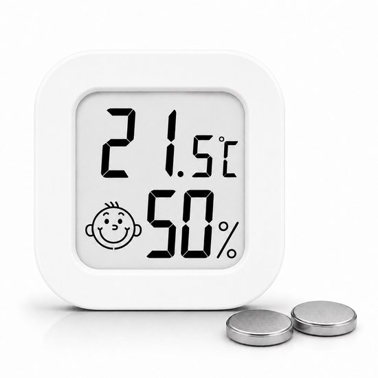 Wit digitaal apparaat met '21.5°C' en '50%' luchtvochtigheid, met een lachend gezichtje. Twee ronde batterijen ernaast.