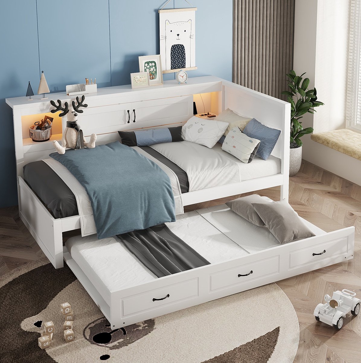 COVREO Bedbank met uitschuifbaar bed – 90x200 cm – Slaapbank met LED en USB – Dagbed met opbergruimte – Wit - zonder matras