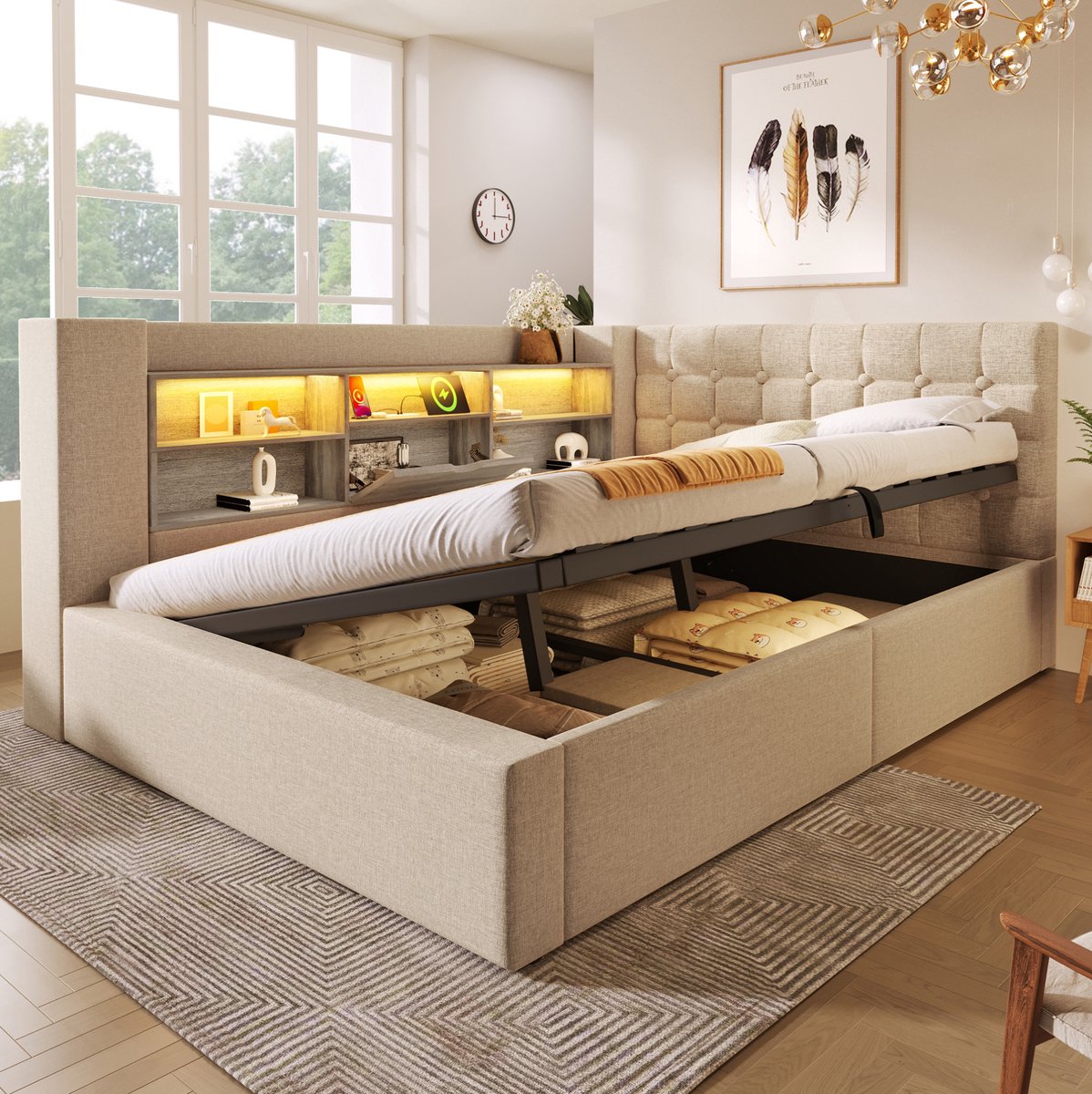 COVREO Bed met LED-verlichting en opbergruimte – 140x200 cm – Tweepersoons slaapplaats met L-vormig hoofdeinde – voor volwassenen – Beige - met matras