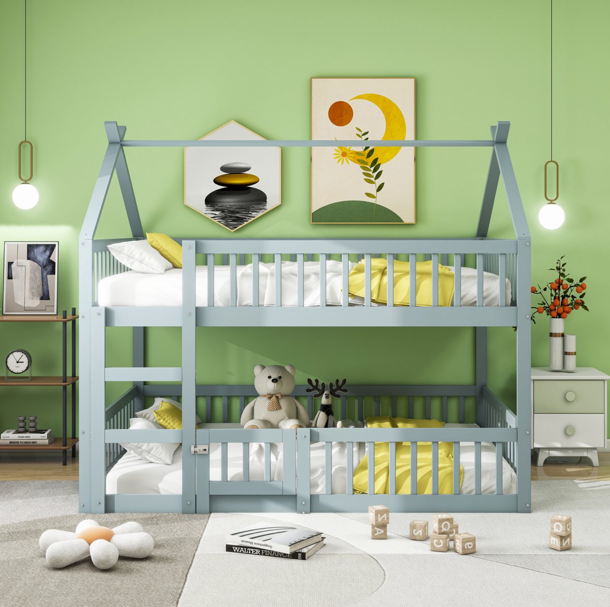 COVREO Bed 140x200 cm grijs stapelbed met trap en hek zonder matras