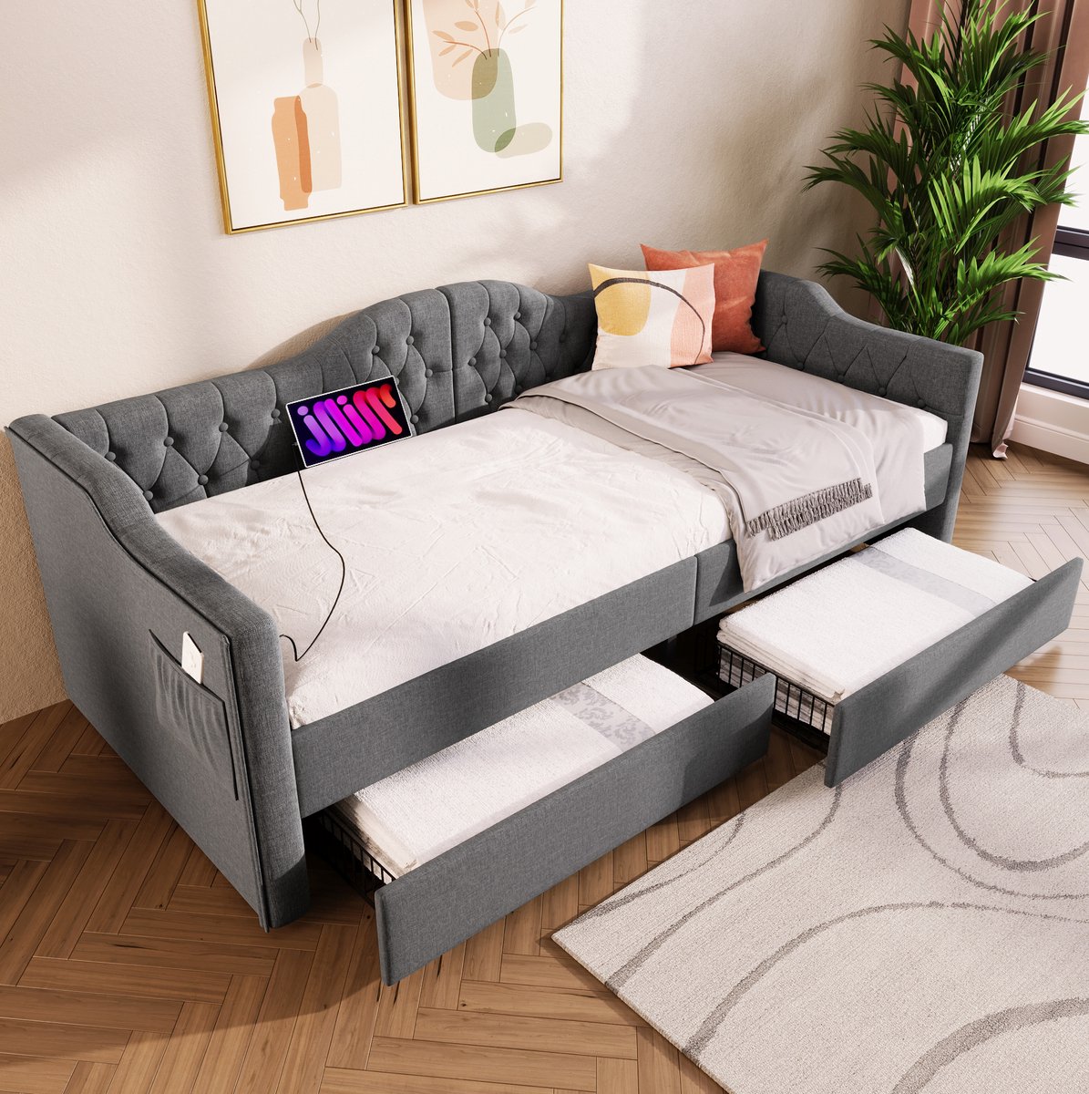 COVREO Bedframe 90x190 cm grijs linnen, 2 lades, USB Type-C, zonder matras