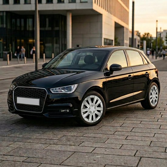Zwarte Audi A1 met 13 inch wieldoppen op een geplaveide straat.