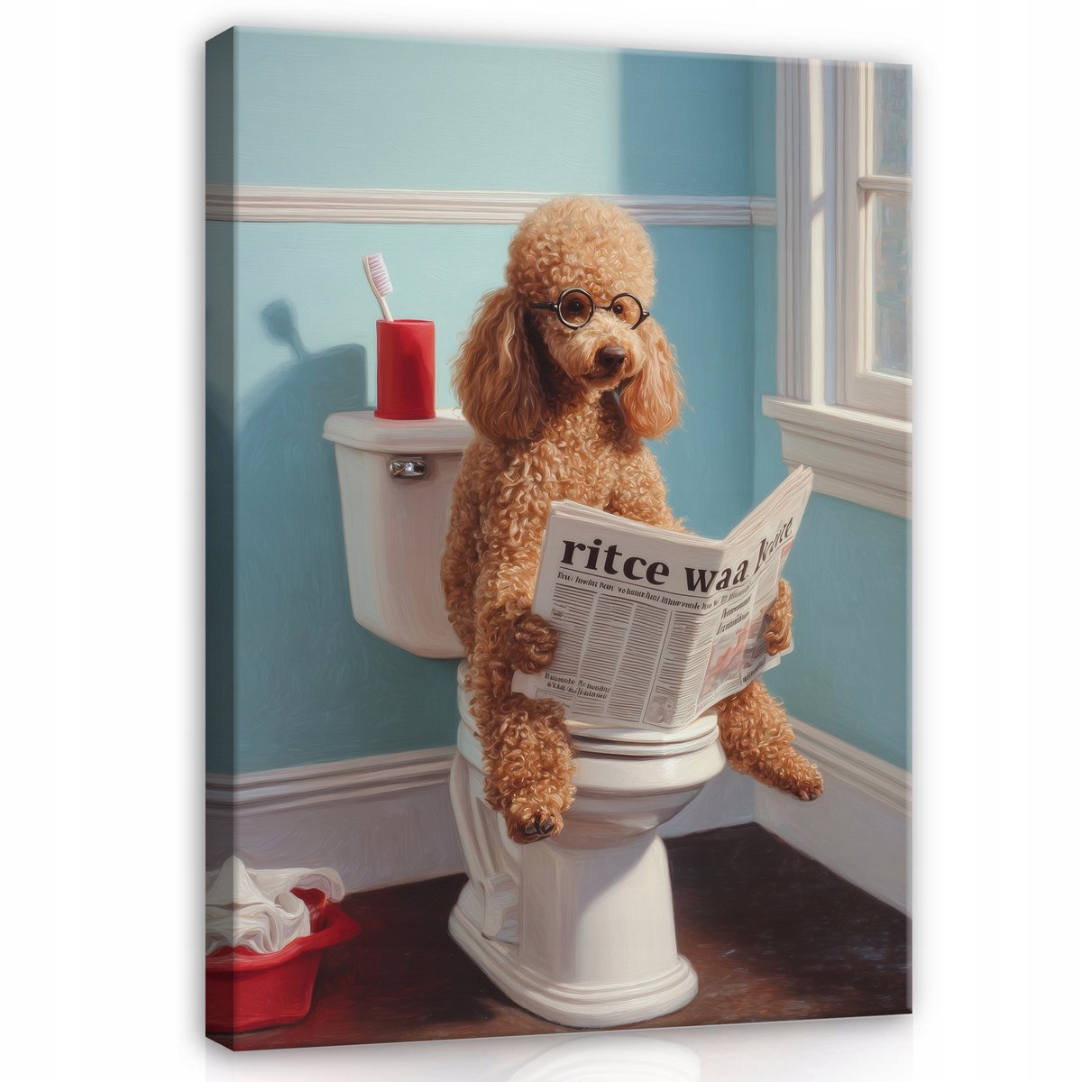 WALLARENA Schilderij op canvas - 100x70 cm - grappige poedel op toilet met krant - badkamer en toilet decoratie Veelkleurig