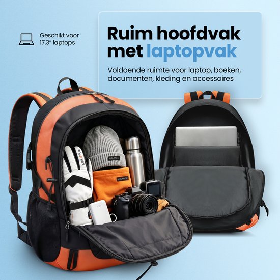 Open oranje en zwarte Polarex rugzakken. Eén tas is gevuld met winterkleding en een camera, de andere bevat een 17.3" laptop.