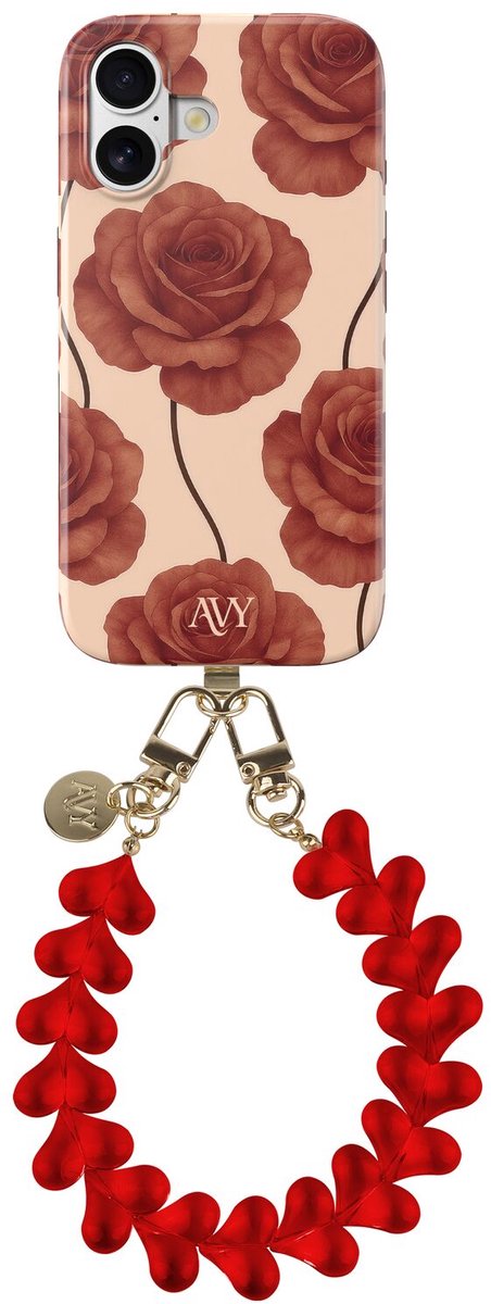 AVY Hoesje Met Telefoonkoord | Geschikt voor Apple iPhone 16 | Compatibel met MagSafe | Hard Shell Back Cover | Stijlvol Bijpassend Koord 30CM | Hearts & Roses | Rood