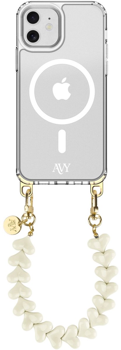AVY Hoesje geschikt voor Apple iPhone 11 | Compatibel met MagSafe | Clear Case met Telefoonkoord 30CM | Polsband Cupid Beige
