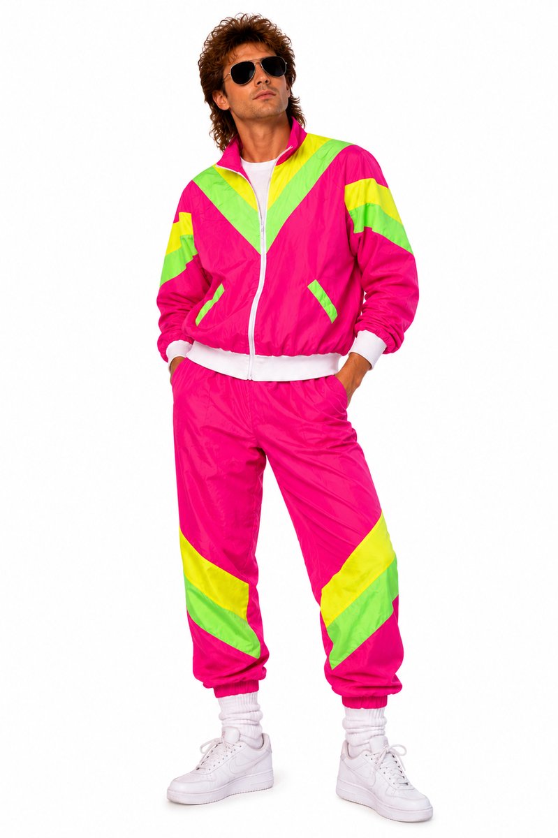 80's Trainingspak Neon Roze Groen Unisex – Retro Jaren 80 Kostuum – Verkleedpak voor Carnaval, Foute Party & Themafeest - Maat Large
