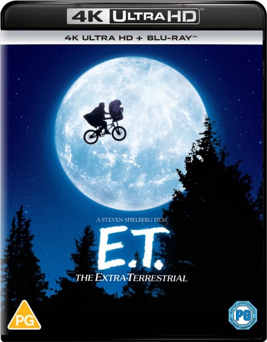 Voorzijde van de 4K UHD + Blu-ray boxset van E.T. de Extra-Terrestrial met E.T. en Elliott op de fiets voor een grote maan.