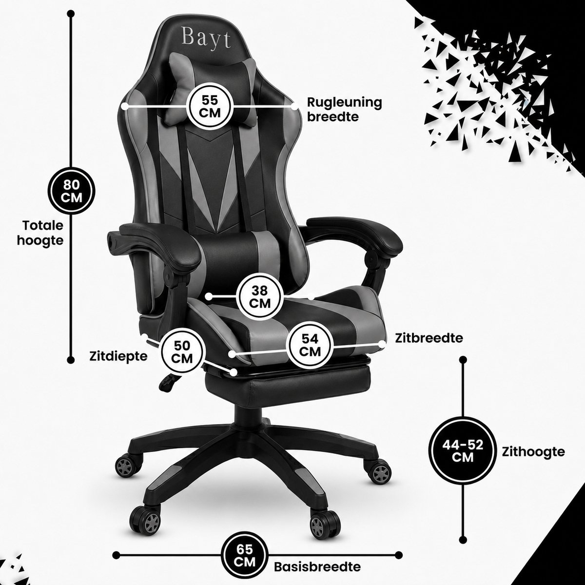 Bayt Gamestoel - Gaming Chair - Gamingstoel - Ergonomische Bureaustoel - Verstelbaar - Zwart en Grijs – foto 2