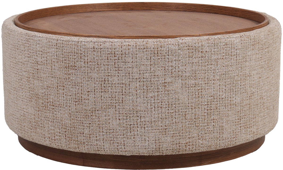 DÉJA Living Salontafel Marcia Taupe/Walnoot – Rond – Met Opbergruimte – Chenille en Essenfineer – 83x83x40 cm