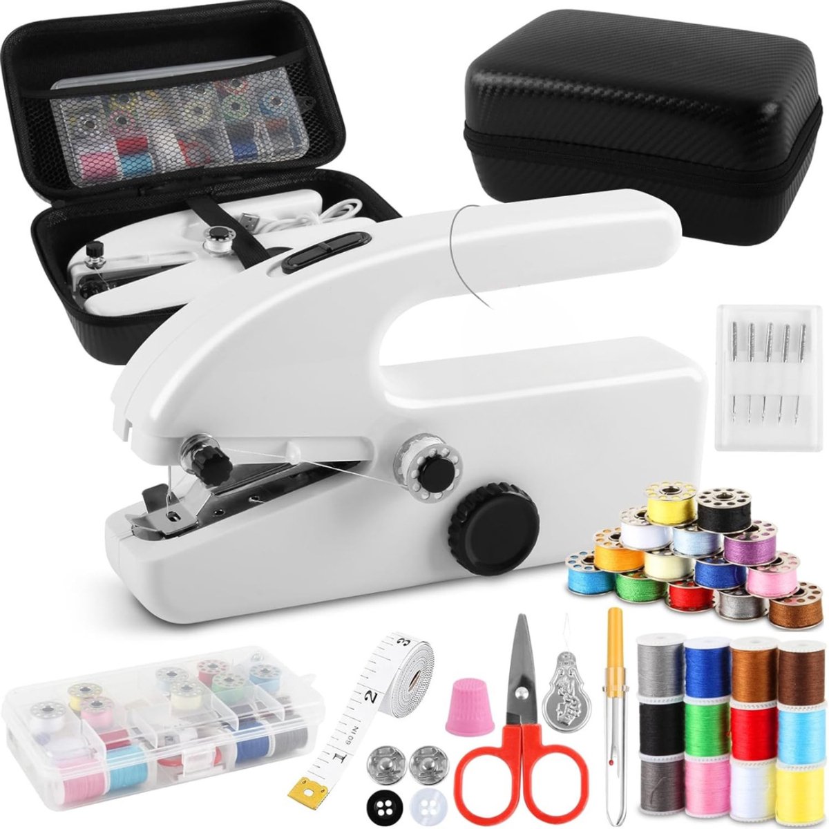 Handnaaimachine - Handnaaimachine - Elektrische Mini-Naaimachine - Draagbare Naaimachine Met Opbergdoos - Naai-Accessoires - 2 Modi - Ideaal Voor Beginners En Snelle Reparaties Aan Kleding En Stoffen - (Wit)