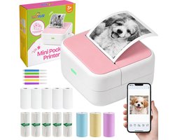 TinyPlay Mini Printer 300 DPI - Pocket Printer - 13 rollen papier in kleur, Sticker en wit - Mobiele fotoprinter - voor Smartphone - Thermische draagbare printer - Thermal miniprinter