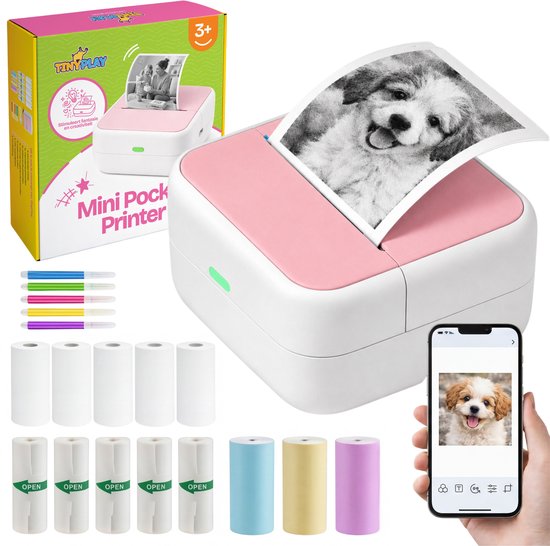 Roze mini printer print een puppyfoto. Telefoon met puppyfoto, doos, 13 printrollen, kleurpotloden.