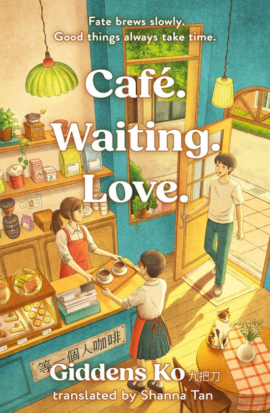Illustratie van een café met personeel achter de toonbank en een klant die binnenkomt. Bovenin staat de titel: Café. Waiting. Love.