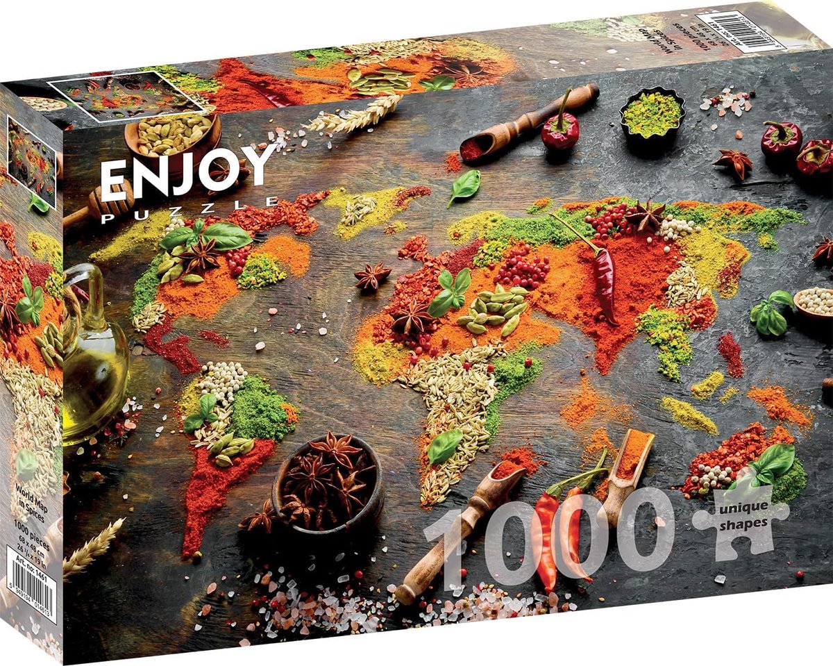 Wereldkaart Puzzel - Legpuzzel Kaart - Ontspanning Thuis - Gedetailleerde Wereldkaart - 1000 Stukjes - Spices World Map