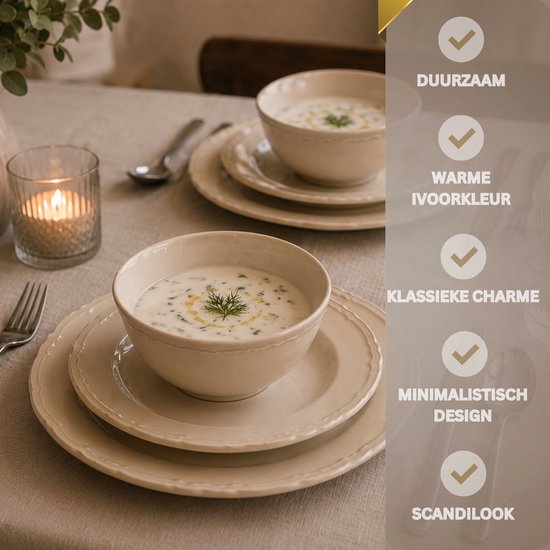 OZ Home Bavary Elyse Serviesset 24-delig - Porseleinen Bordenset - Beige/Crème - Voor 6 Personen - Compleet Servies — afbeelding 3