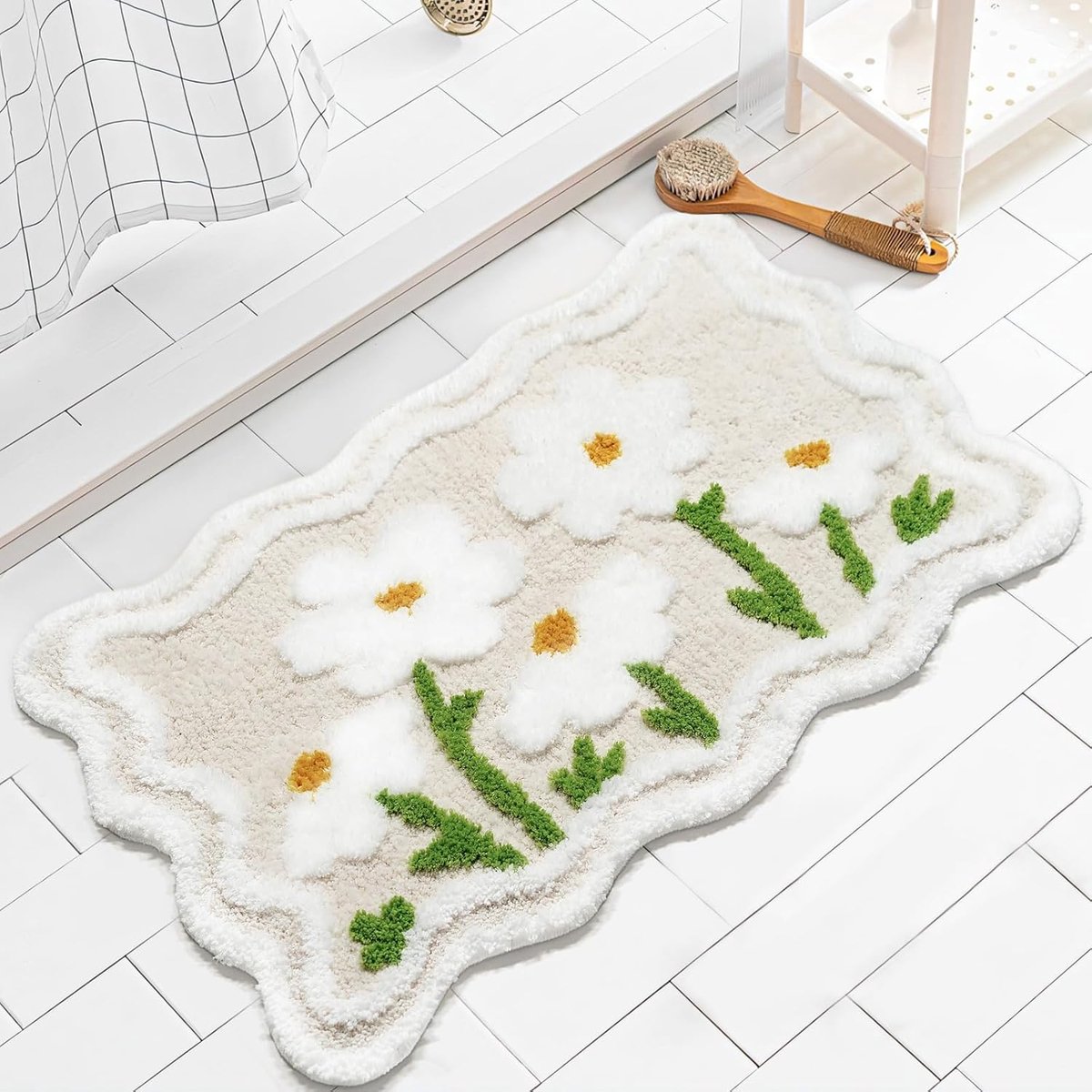 Leuk badkamerkleedje met bloemenprint, beige, superzacht en absorberend, antislip, machinewasbaar, 60x90 cm.