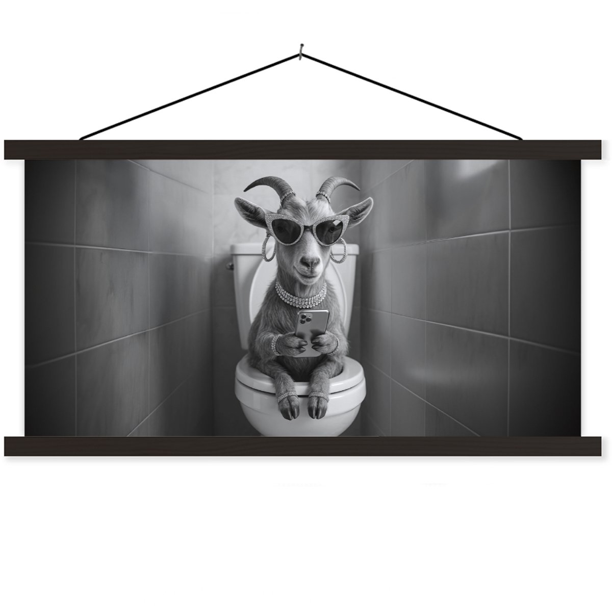 Posterhanger incl. Poster 120x60 cm - Schoolplaat - Geit - Telefoon - Toilet - Zwart - Wit