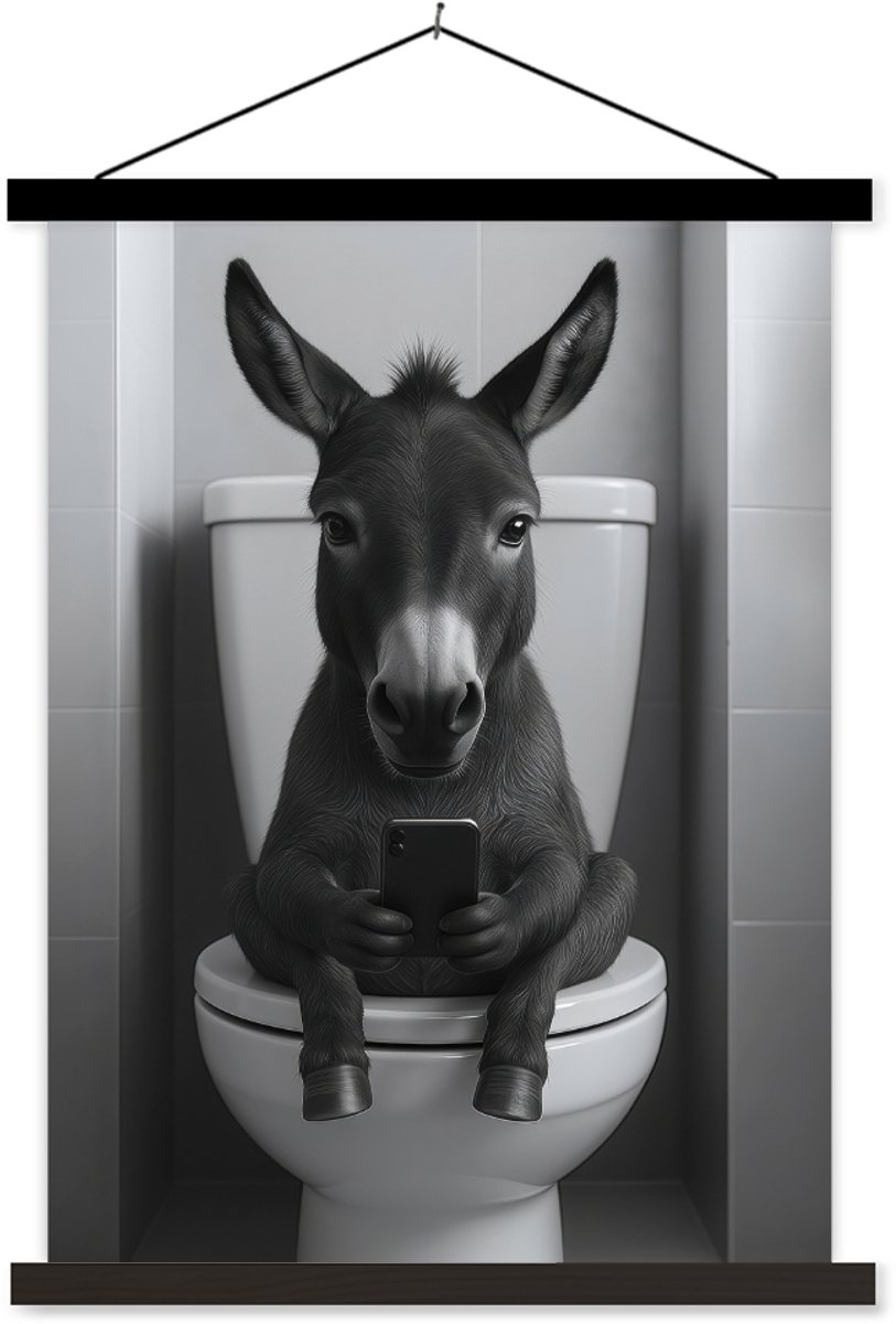 Posterhanger incl. Poster 60x80 cm - Schoolplaat - Ezel - Telefoon - Toilet - Zwart - Wit