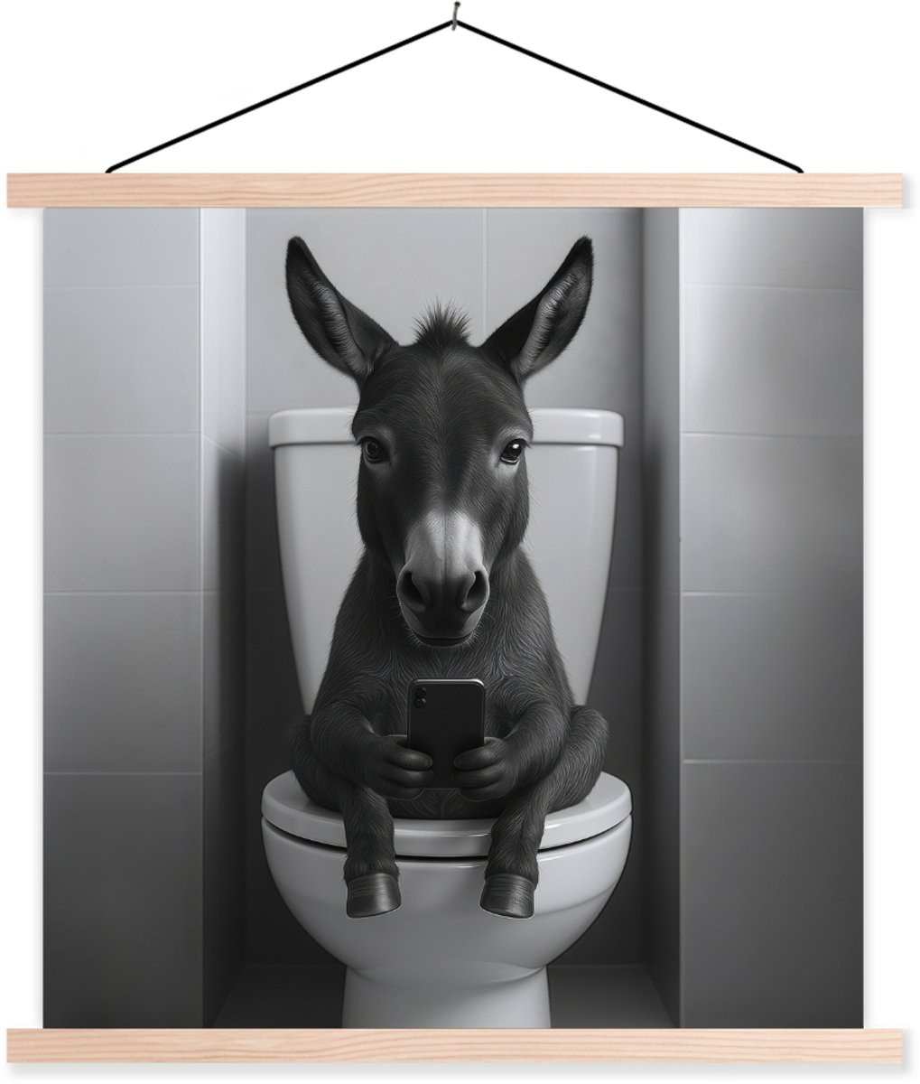 Posterhanger incl. Poster 60x60 cm - Schoolplaat - Ezel - Telefoon - Toilet - Zwart - Wit