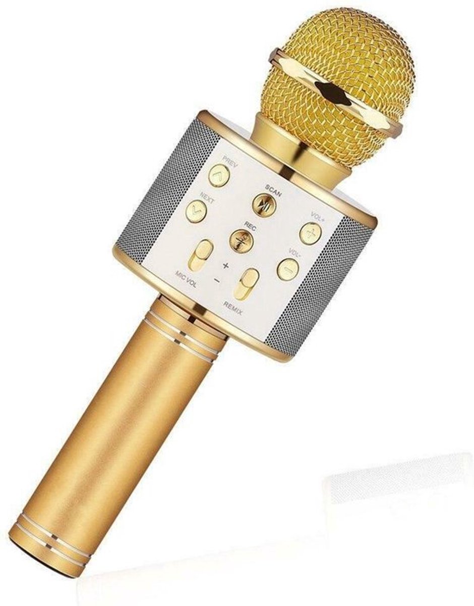 Microfoon - Draadloos - Karaoke - Speaker en bluetooth - Draadloze karaoke mic - Ingebouwde speaker - Bluetooth microfoon - Wireless microphone - Zangmicrofoon - AUX - Goud - Jonyx