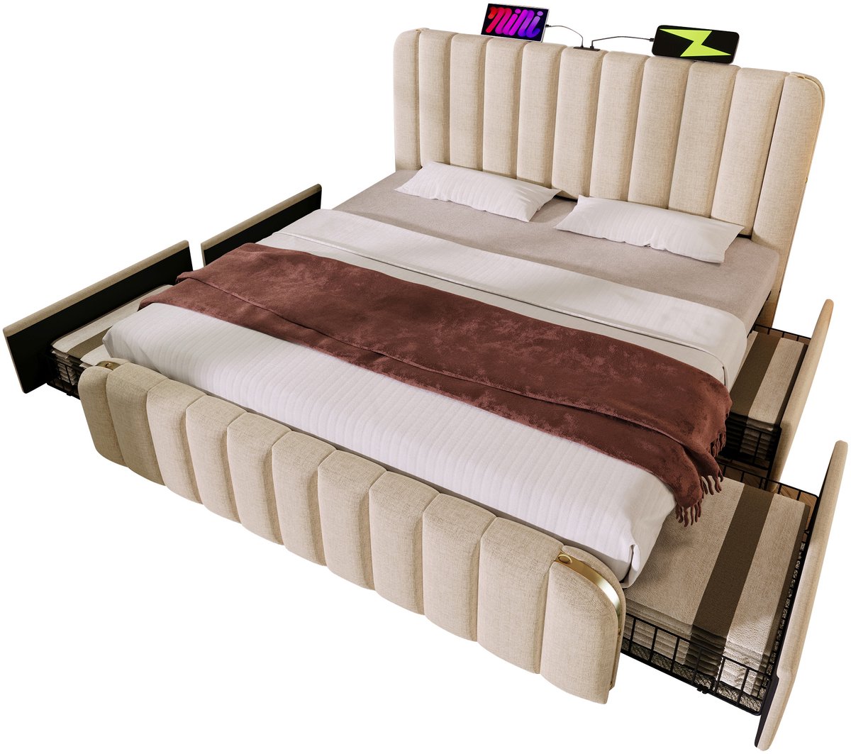 VVBV Tweepersoonsbed 160x200 / Gestoffeerd bed – met Opbergruimte, Lades, USB, USB-C, Lattenbodem – 4 Lades – Hoofdbord – Linnen – Beige