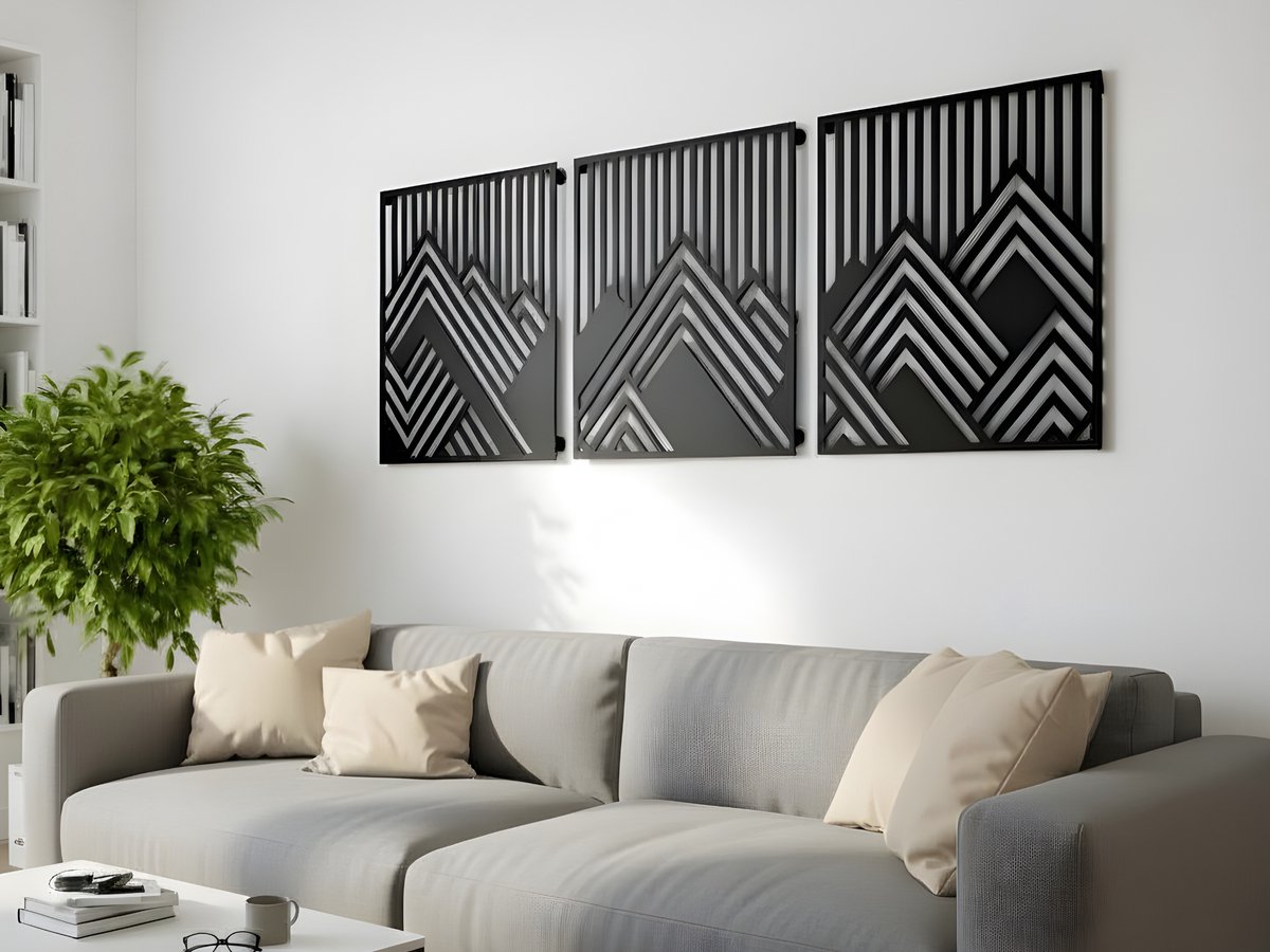 Wanddecoratie Bergen, Houten Wandbeeld, 3D Wanddecoratie voor Thuis, Moderne Beelden voor Huis Kantoor Slaapkamer, Woonkamer en Keuken - 200x67 cm