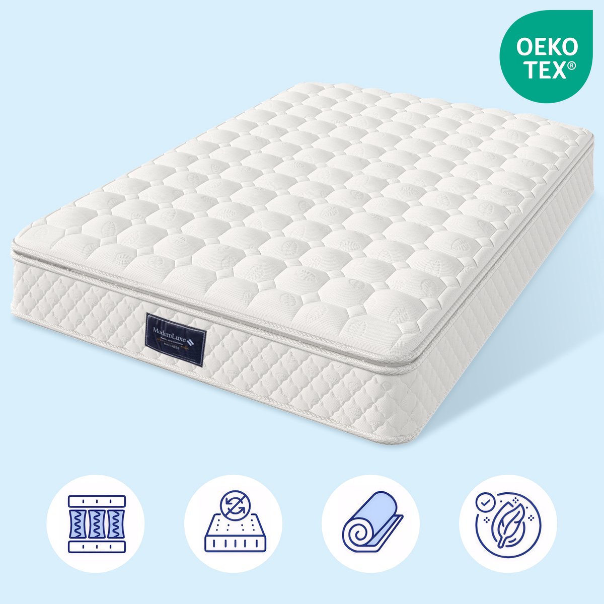VVBV Pocketvering matras 140x200 / Koudschuim matras 140x200 – 7-Zones – Hardheid H3 – 25 cm Hoog – Wit – 7 Zones en H3 White
