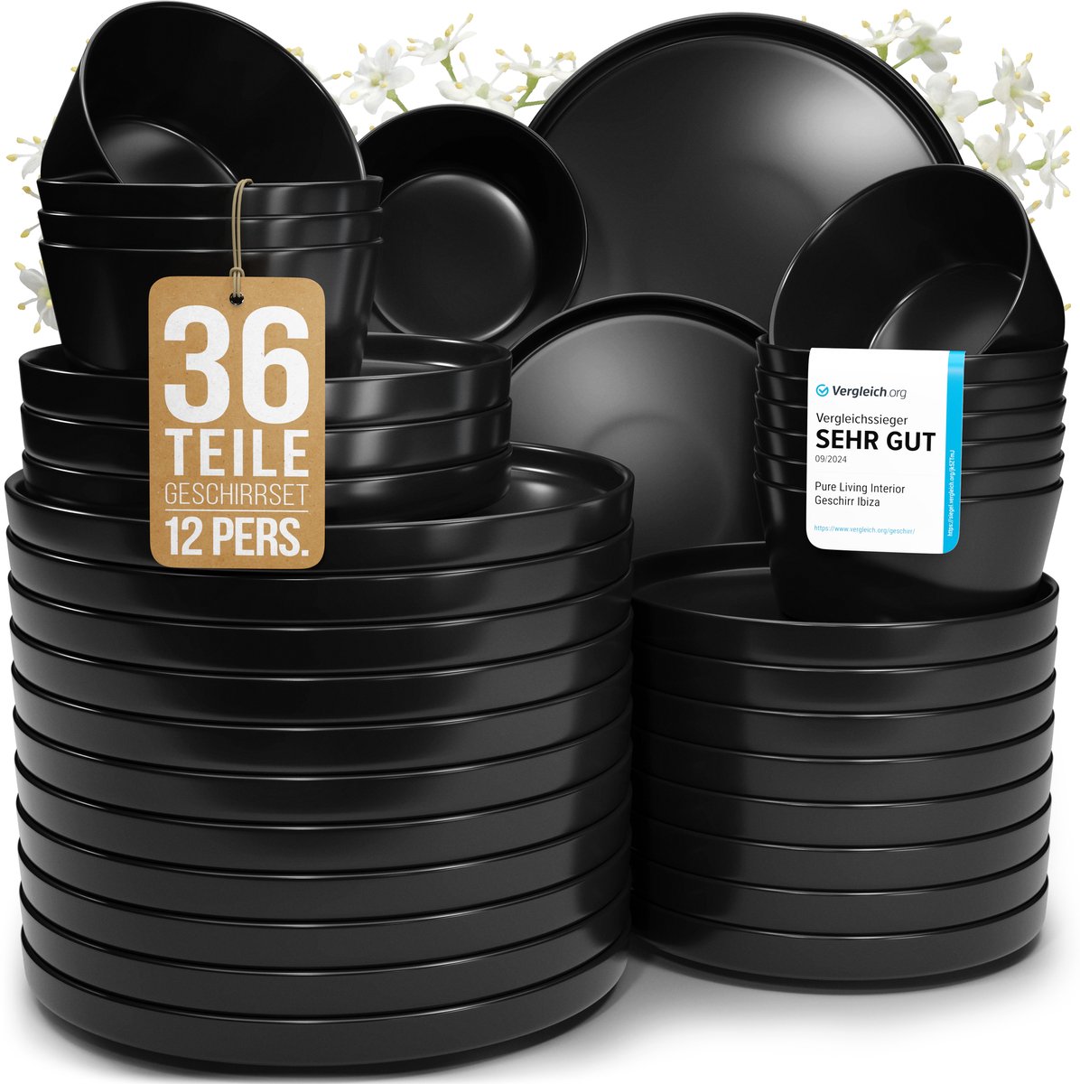Pure Living Schwarz serviesset voor 12 personen – 36-delig – aardewerk – urban design – vaatwasserbestendig