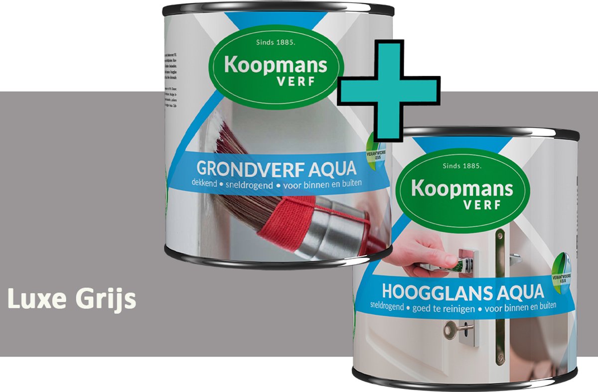 Koopmans Grondverf Aqua en Hoogglans Aqua Verfset - Binnen en Buiten - Luxe Grijs - 2x 2,5 l
