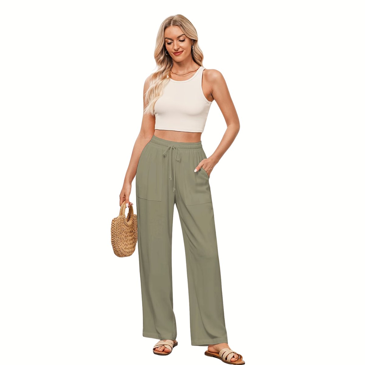 Currero Linnen Broek Dames - Zomerbroek - Volwassenen - Lange Broek - Pantalon - Strandbroek - Zomer - Ibiza Stijl - Olijfgroen XL