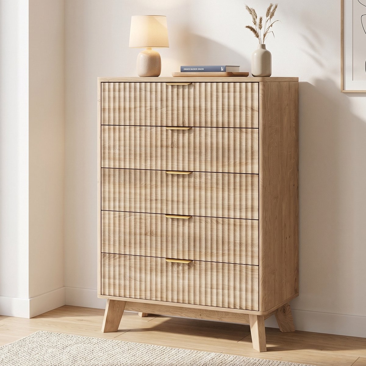Mofor Ladekast - 73x40x108 cm - Opbergkast met 5 Lades - Anti-kantel - Hout - Geribbeld Design - Houtkleur