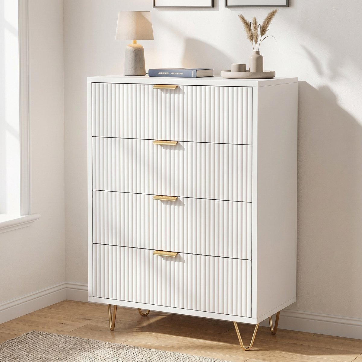 Ladekast met 4 lades - 60x34x91 cm - met anti-kantelsysteem - hout en metaal - modern design - Wit