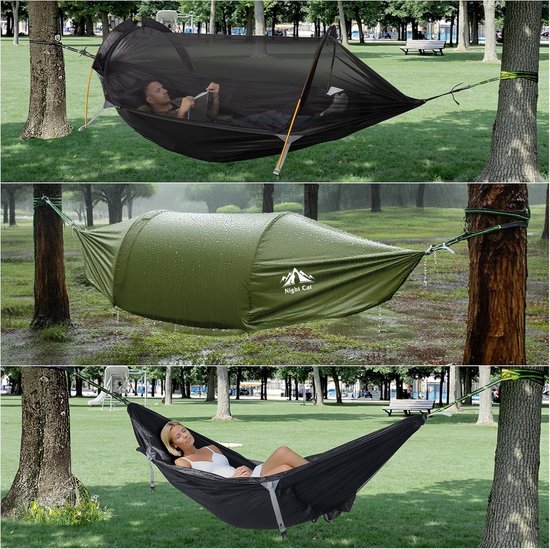 Night Cat Hangmat Tent met Muggennet Waterdichte Regenkap voor 1 Persoon Wandelen Kamperen in de Tuin Achtertuin Wilde Groen Pro van Night Cat — afbeelding 2